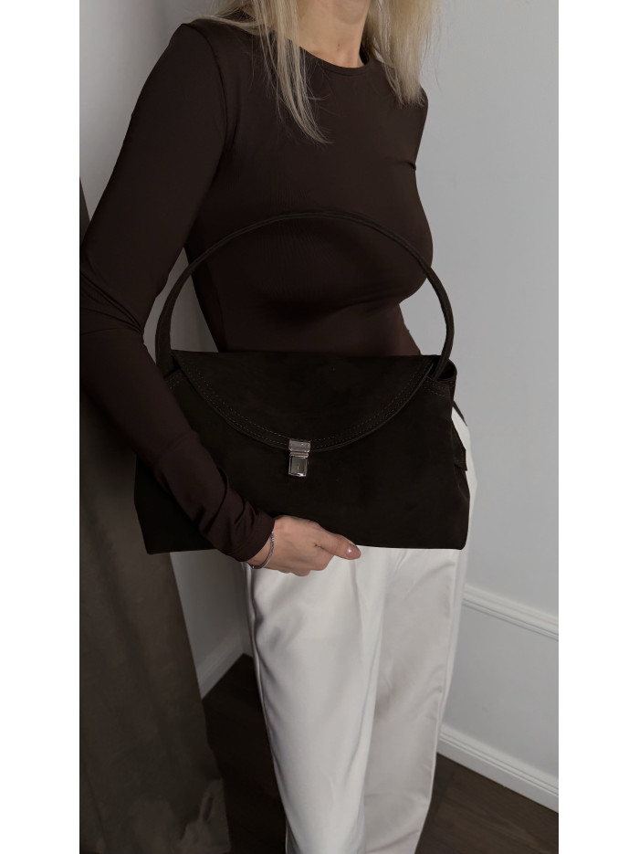 Жіноча сумка шопер шоколадна із натуральної замші 24-19