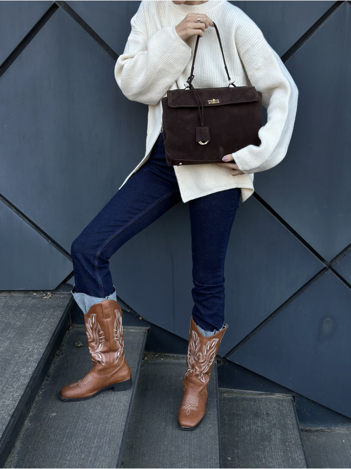 Жіноча сумка шопер шоколадна замшева 24-83