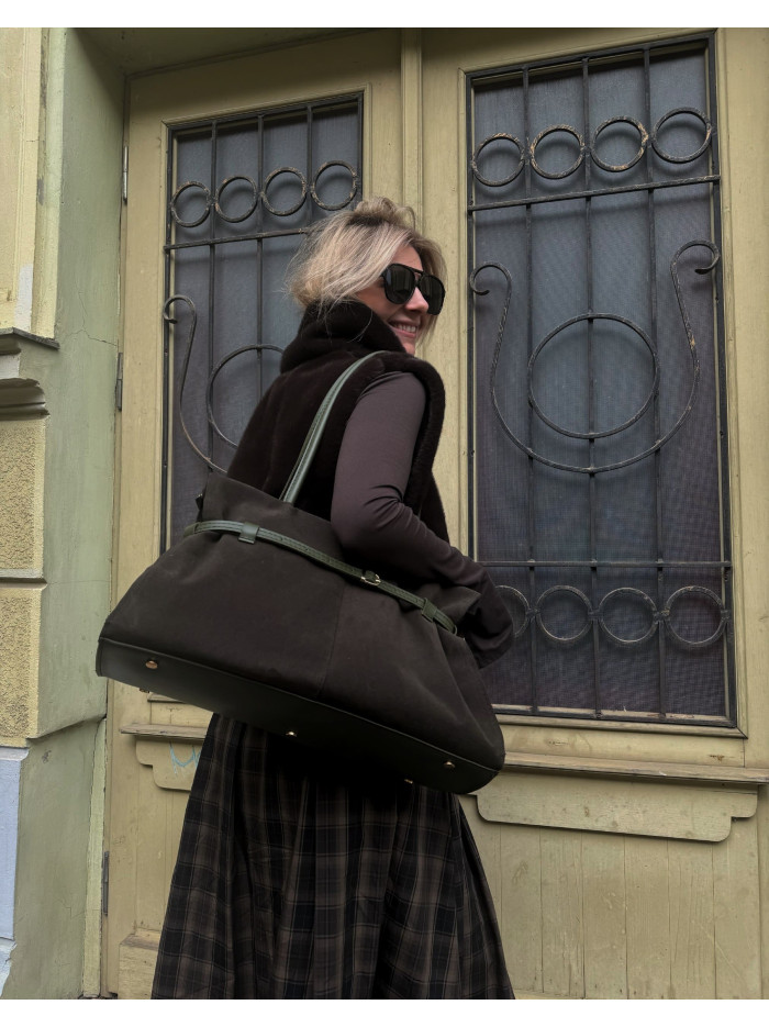 Жіноча сумка шопер 26-69 оливкова замшева